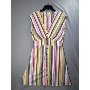 LOFT multicolor striped button-front flare Sleeveless Vneck midi dress Women's 6